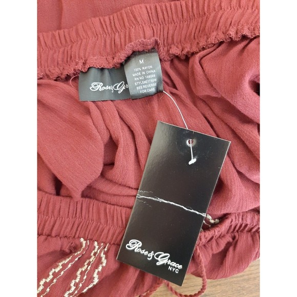 NEW Rose & Grace NYC Blouse Medium Off Shoulder Maroon Peasant Embroidered Boho - Picture 7 of 9